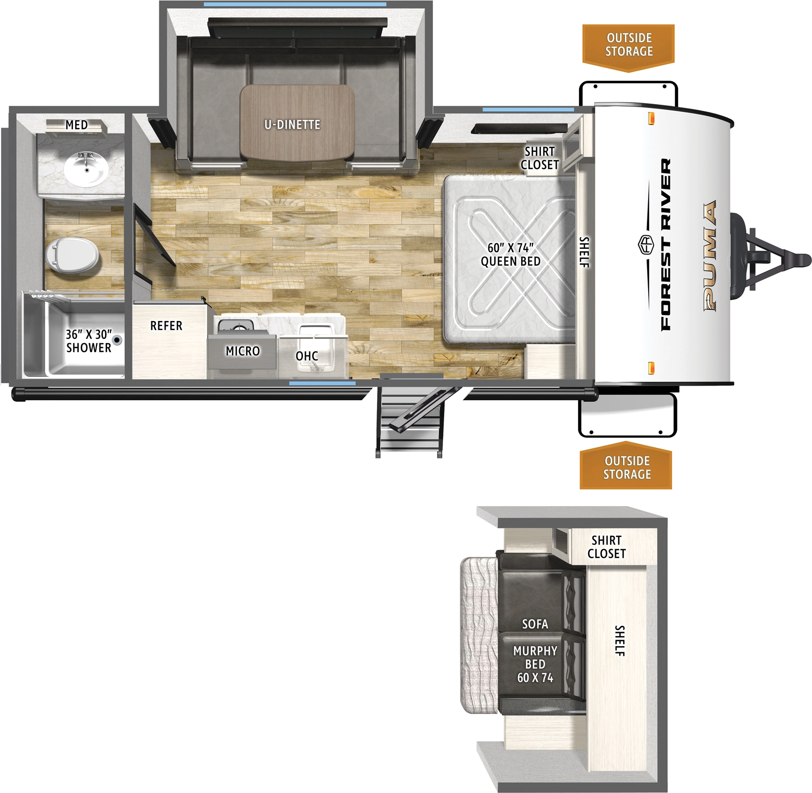 The Puma Camping Edition 16DSCE floorplan has one entry and one slide out. Exterior features include: metal exterior and 14' awning. Interiors features include: u-dinette, front bedroom, murphy bed and rear bathroom.